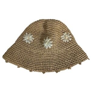 Emanual Geraldo Womens 100% Natural Straw Sun Hat Embroidered Daisy Floral